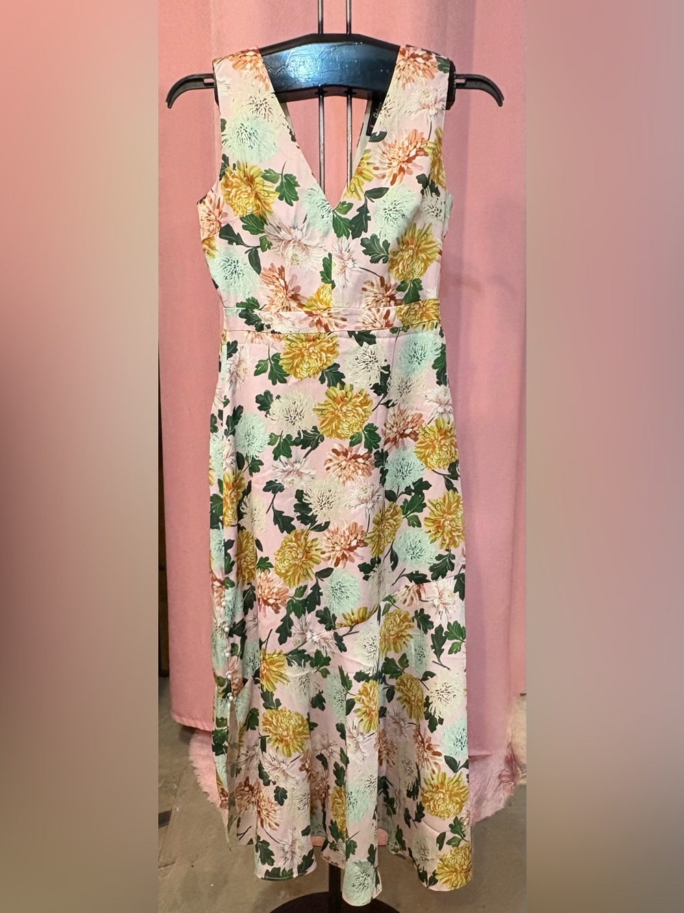 Sam Edelman Pink Floral V-Neck Maxi Dress with Yellow and Green Blooms